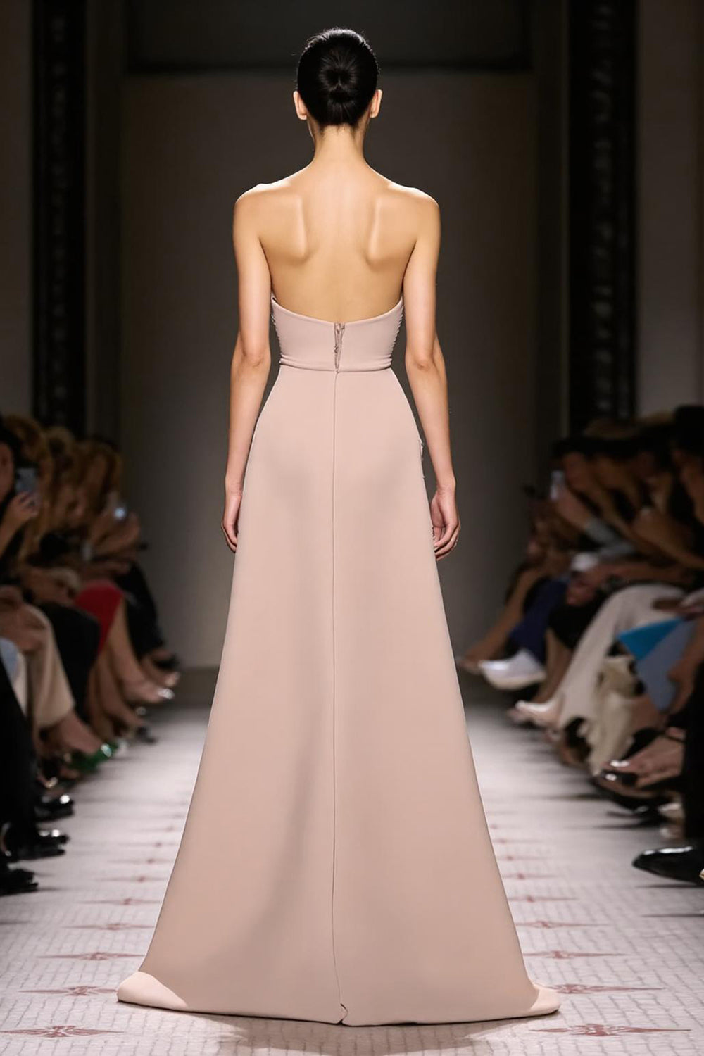 Simple Champagne Strapless Sheath Satin Long Evening Dress with Slit