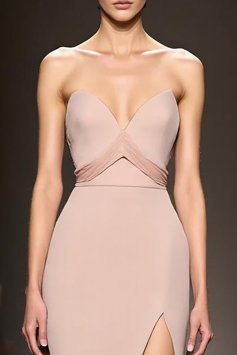 Simple Champagne Strapless Sheath Satin Long Evening Dress with Slit