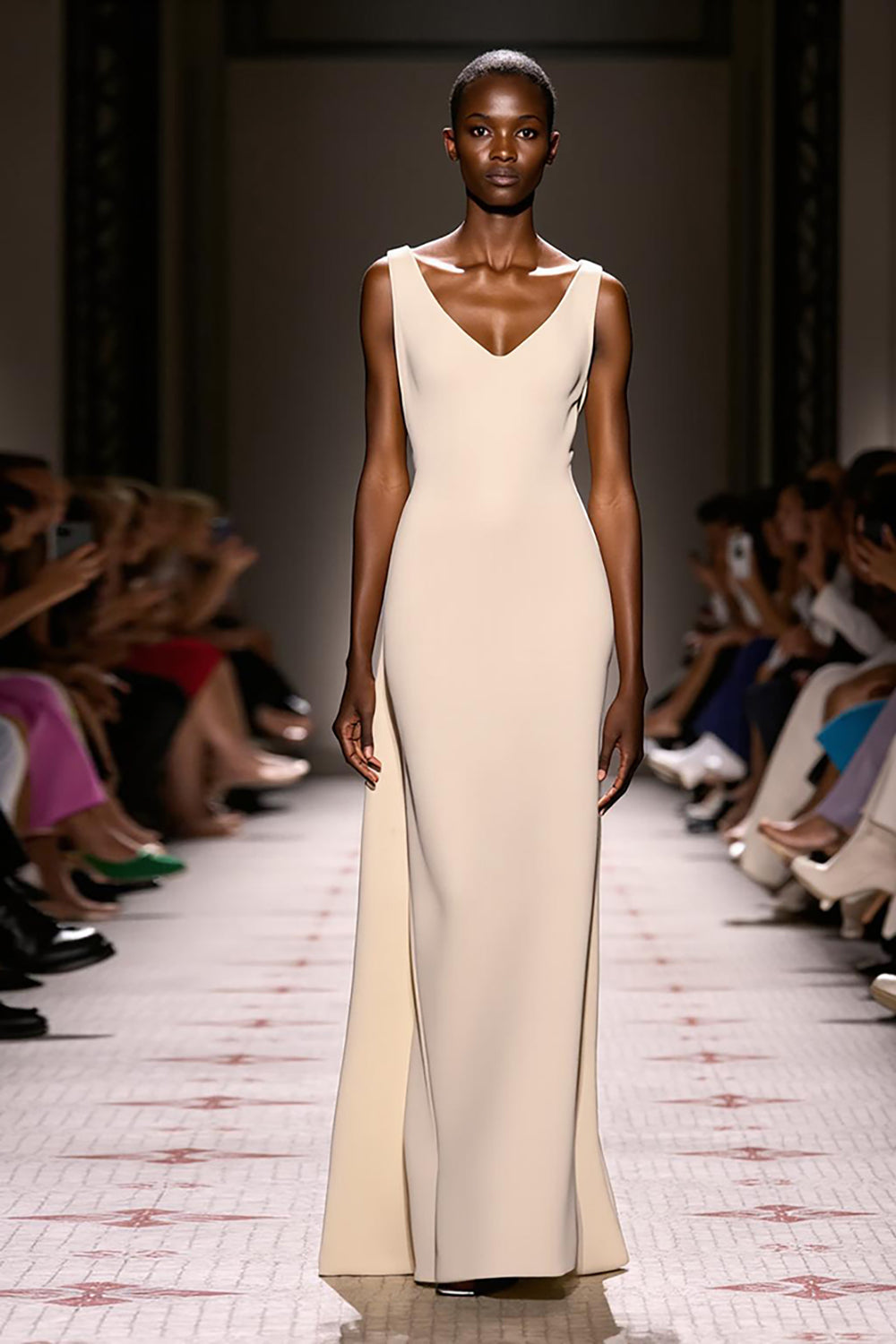 Simple Ivory Sheath V-Neck Satin Backless Long Evening Dress