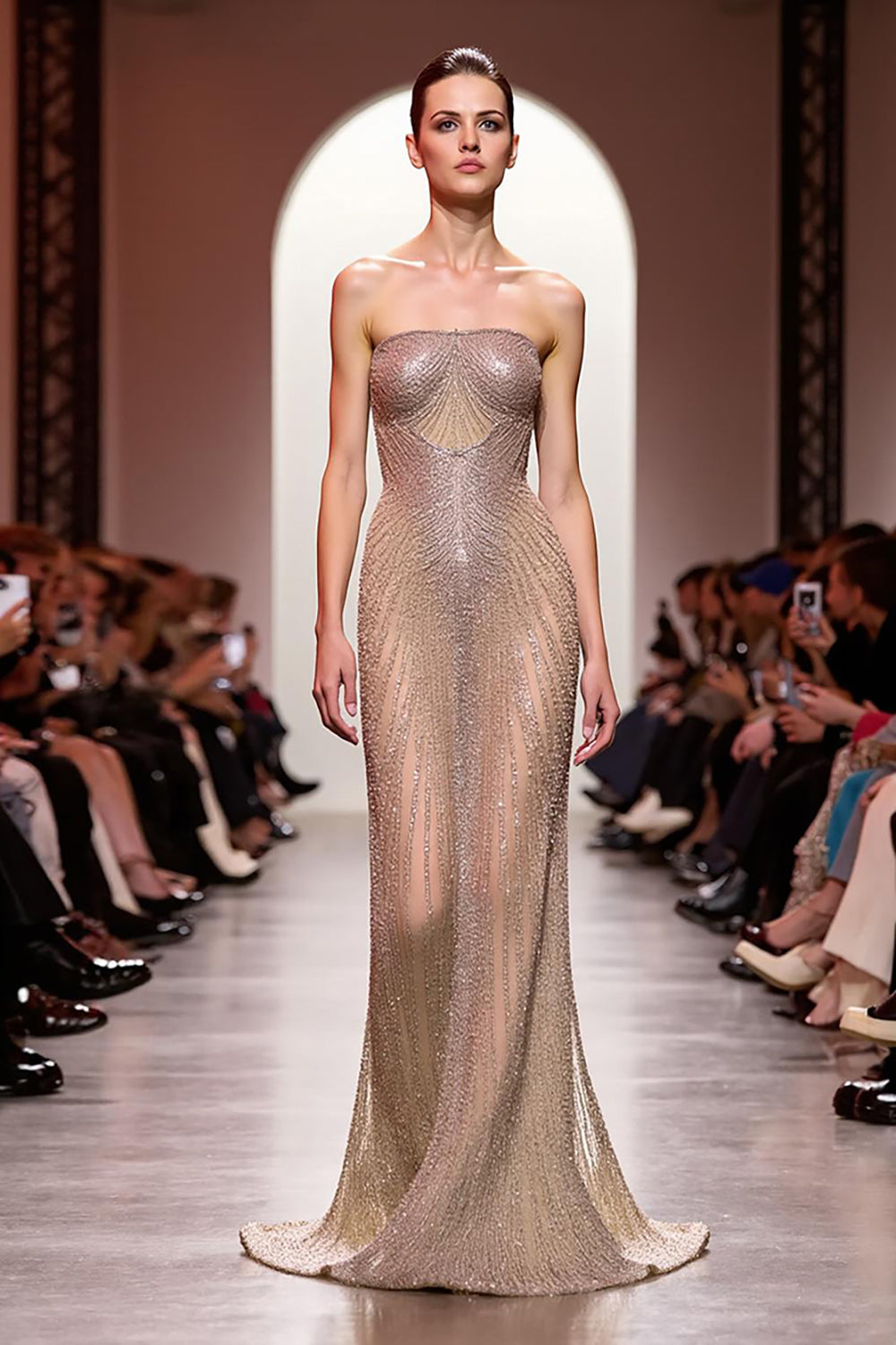 Sparkly Champagne Backless Mermaid Strapless Long Evening Dress