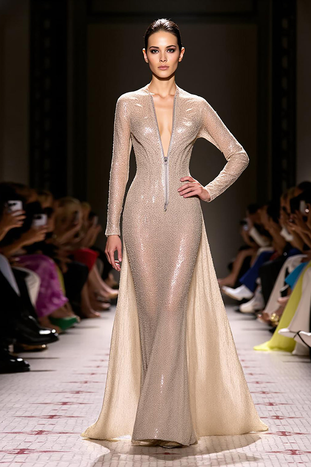 Champagne Sparkly Mermaid Long Sleeves Evening Dress with Zippers