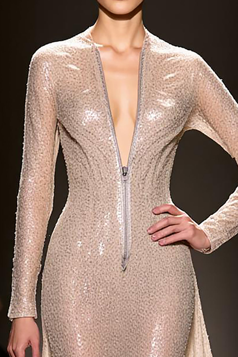 Champagne Sparkly Mermaid Long Sleeves Evening Dress with Zippers