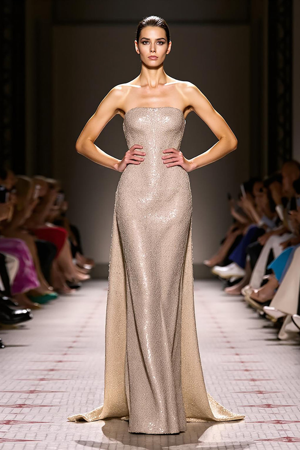 Sparkly Champagne Strapless Sheath Long Evening Dress