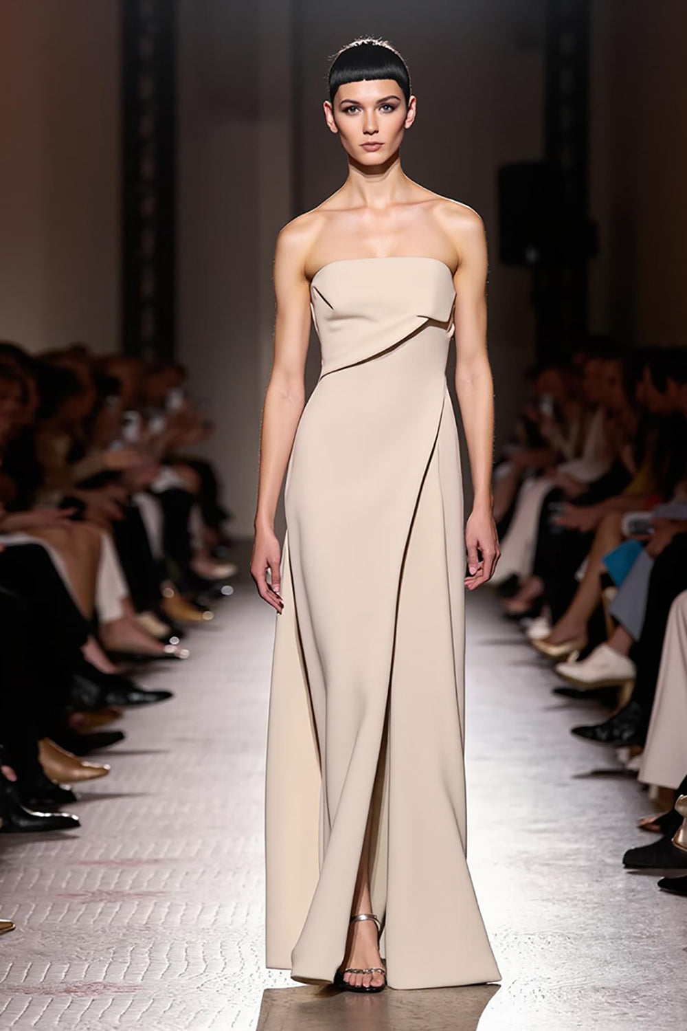 Simple Ivory Strapless Sheath Ruched Long Evening Dress with Slit