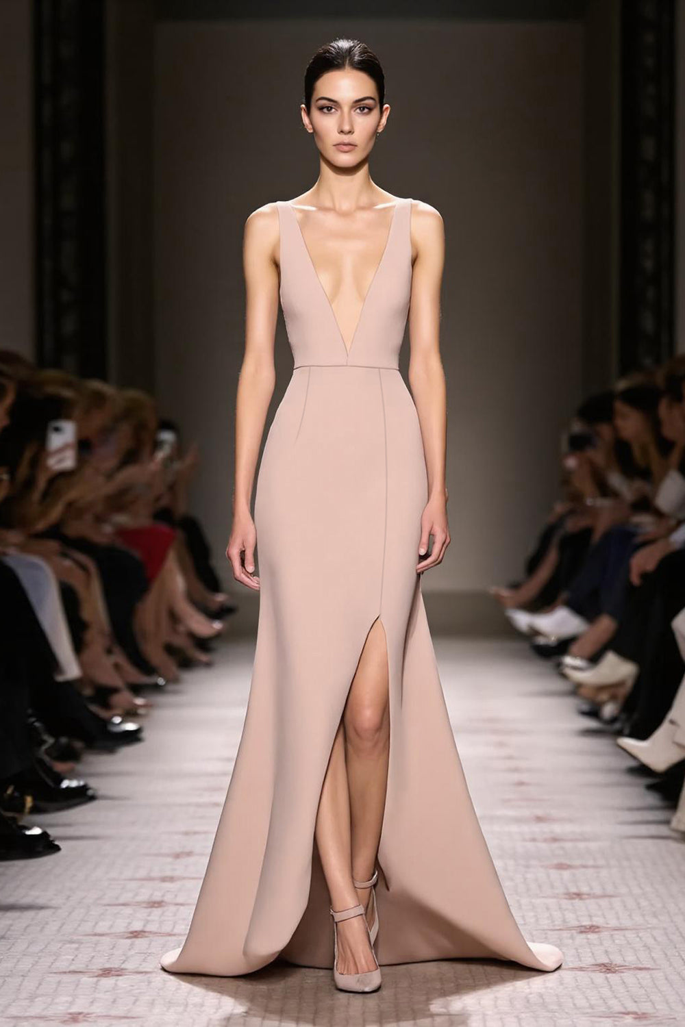 Simple Champagne Sheath Deep V-Neck Satin Long Evening Dress with Slit