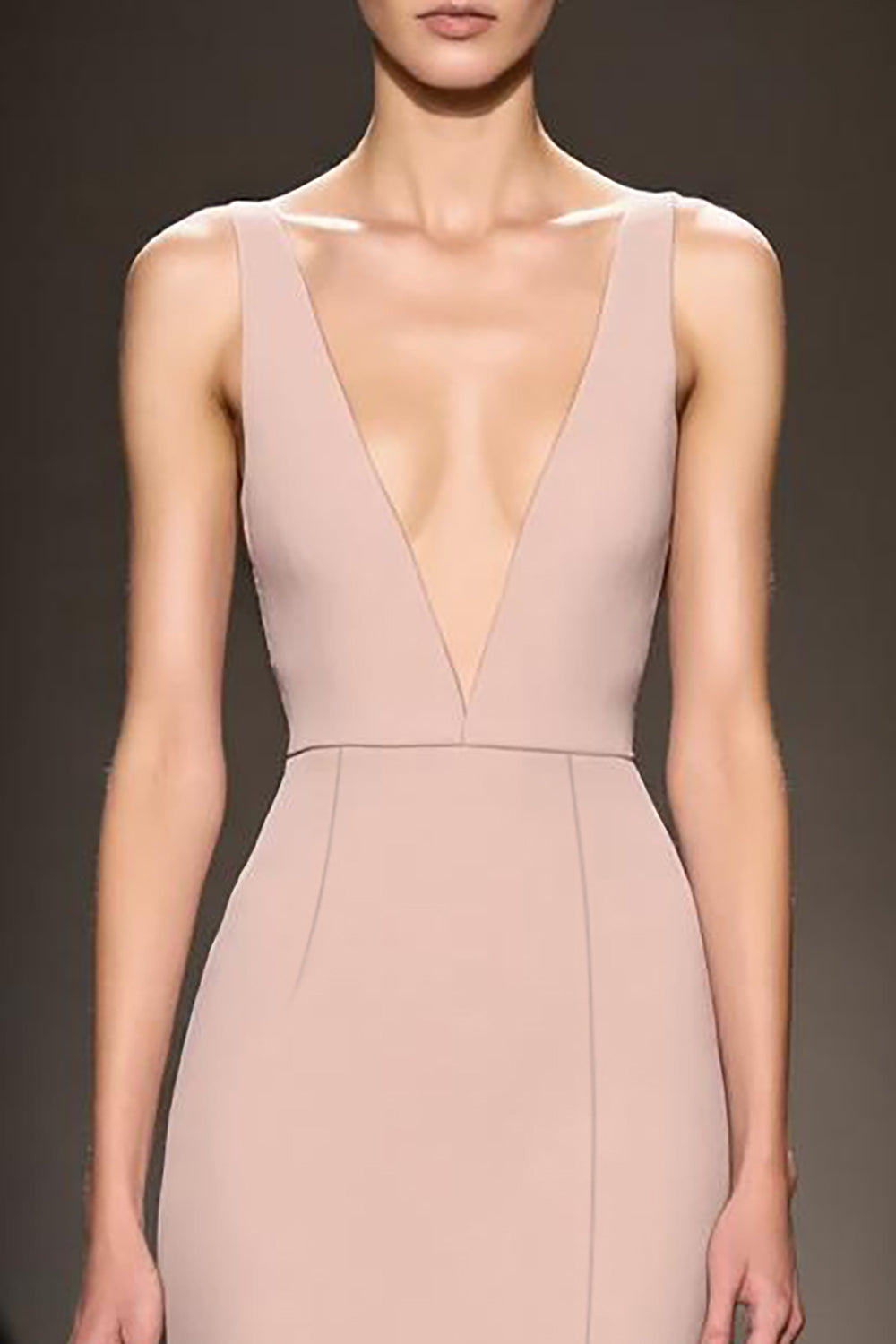 Simple Champagne Sheath Deep V-Neck Satin Long Evening Dress with Slit