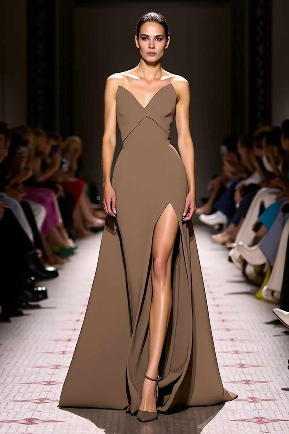 Simple Coffee Sheath Strapless Satin Long Evening Dress with Slit