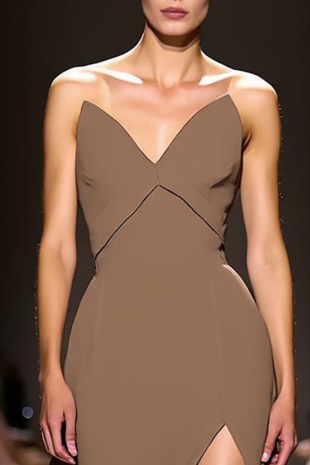 Simple Coffee Sheath Strapless Satin Long Evening Dress with Slit
