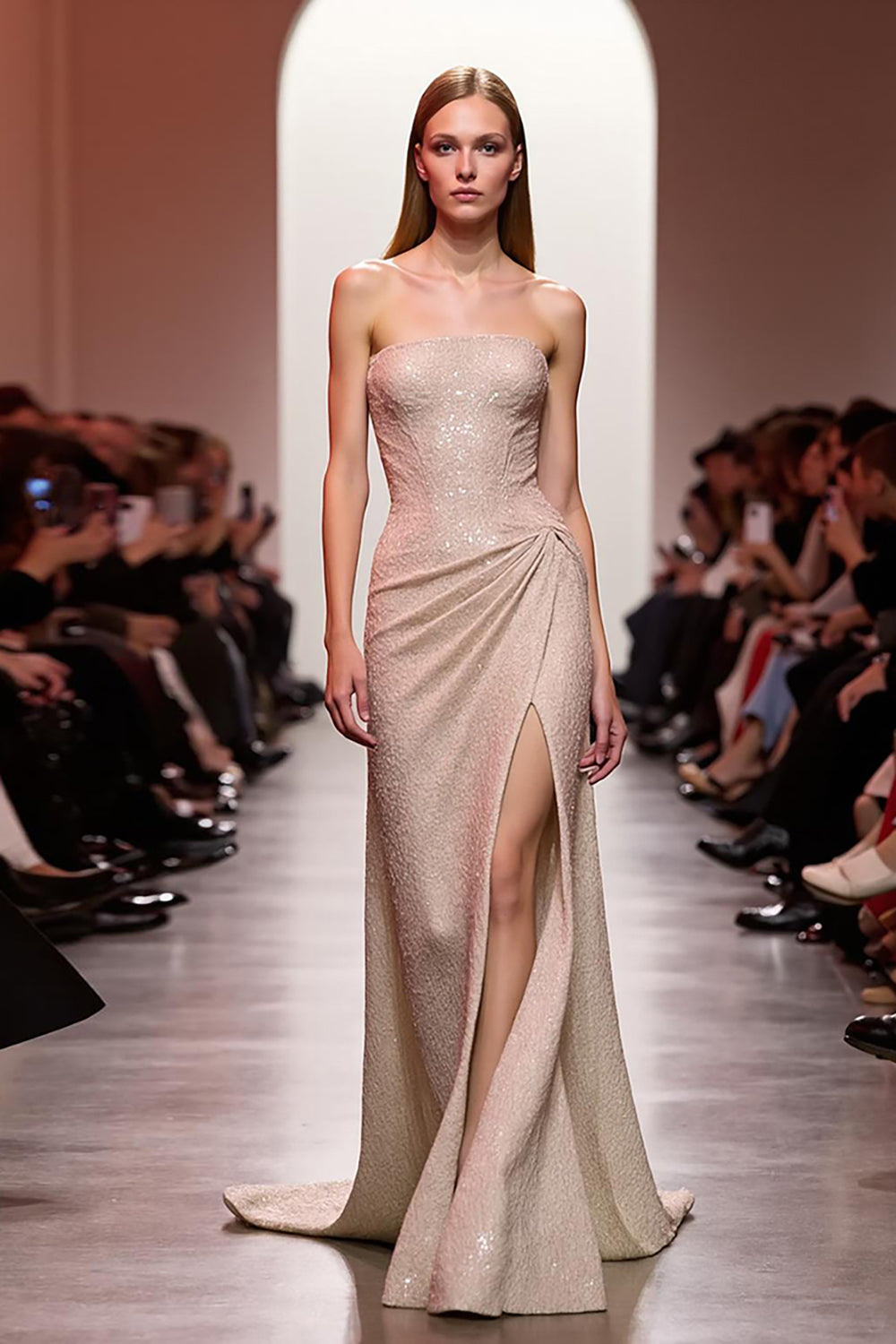 Sparkly Champagne Sequin Strapless Long Evening Dress with Slit