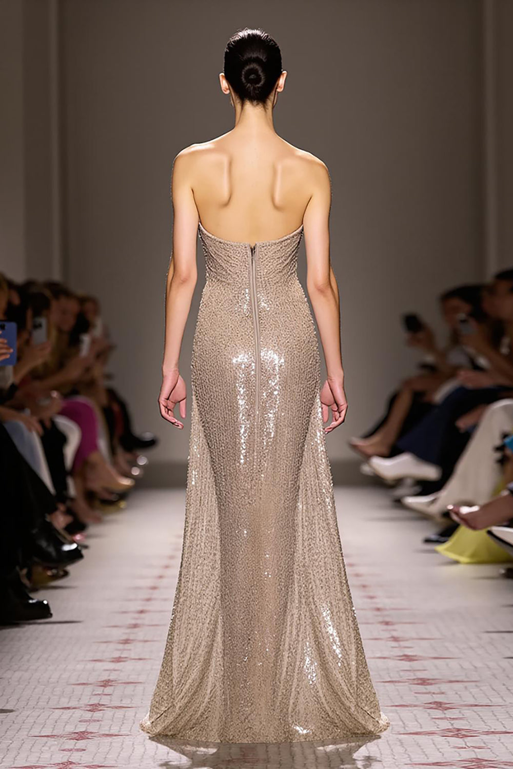 Sparkly Champagne Strapless Sequin Backless Long Evening Dress