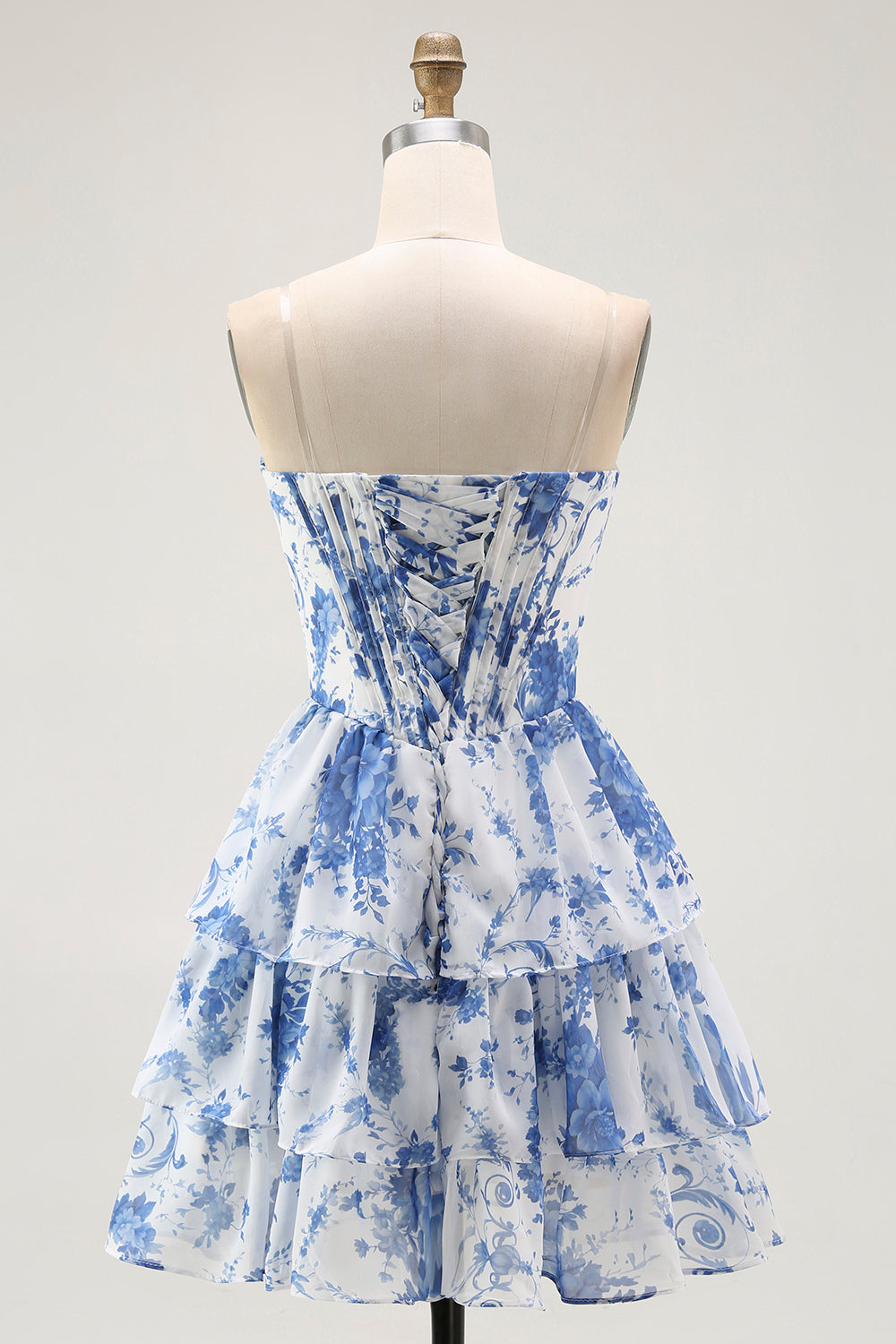 Floral White Blue A-Line Short Corset Homecoming Dress with Ruffles
