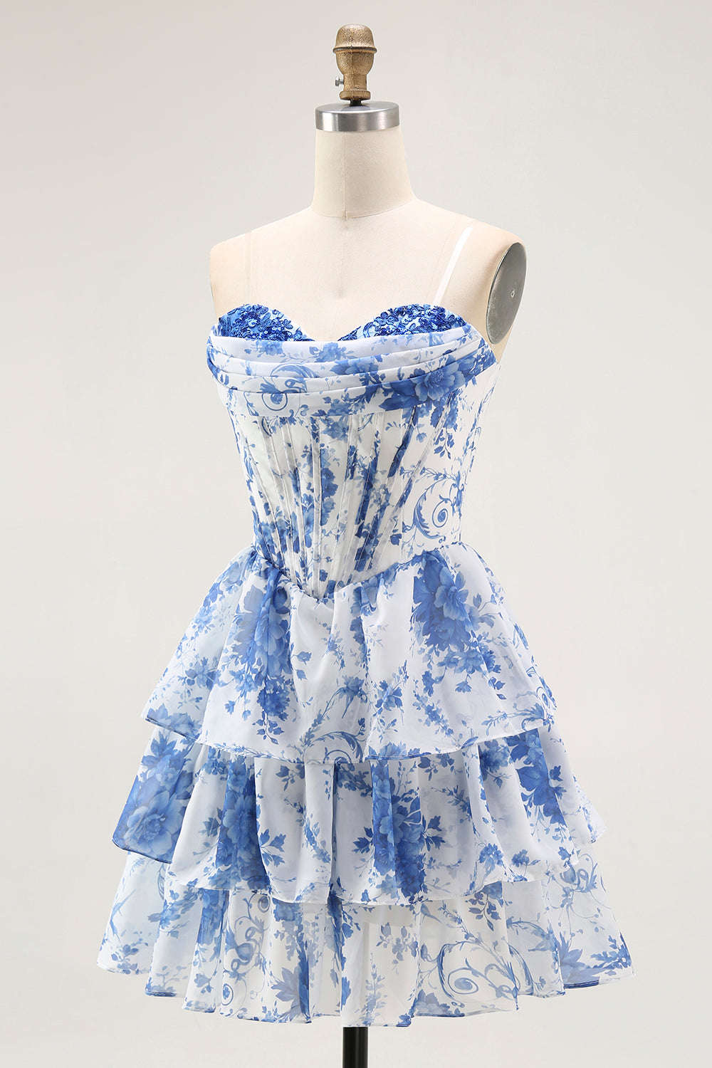 Floral White Blue A-Line Short Corset Homecoming Dress with Ruffles