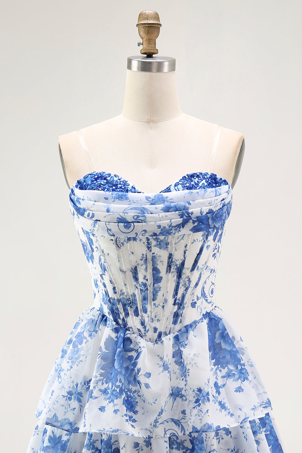 Floral White Blue A-Line Short Corset Homecoming Dress with Ruffles