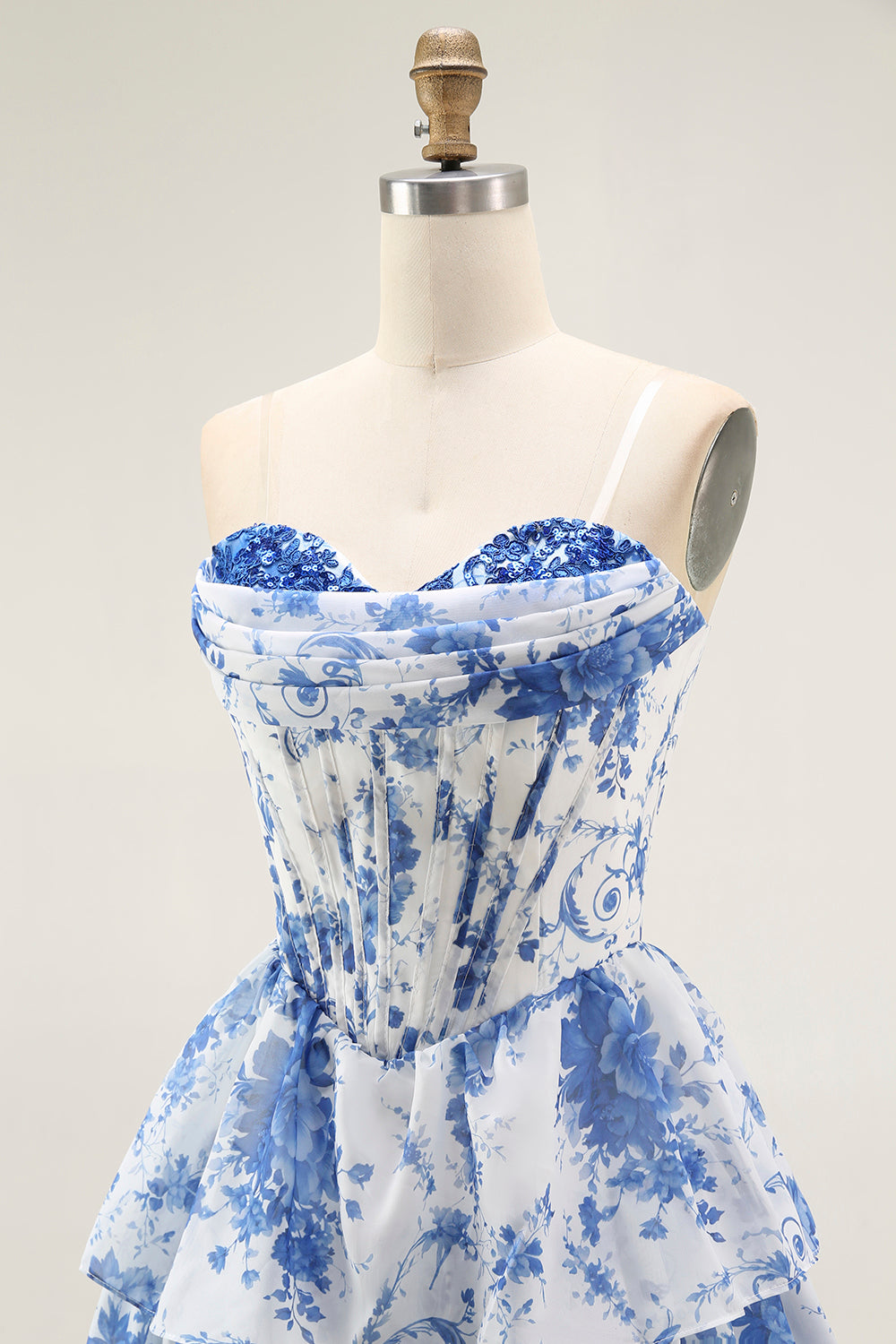 Floral White Blue A-Line Short Corset Homecoming Dress with Ruffles