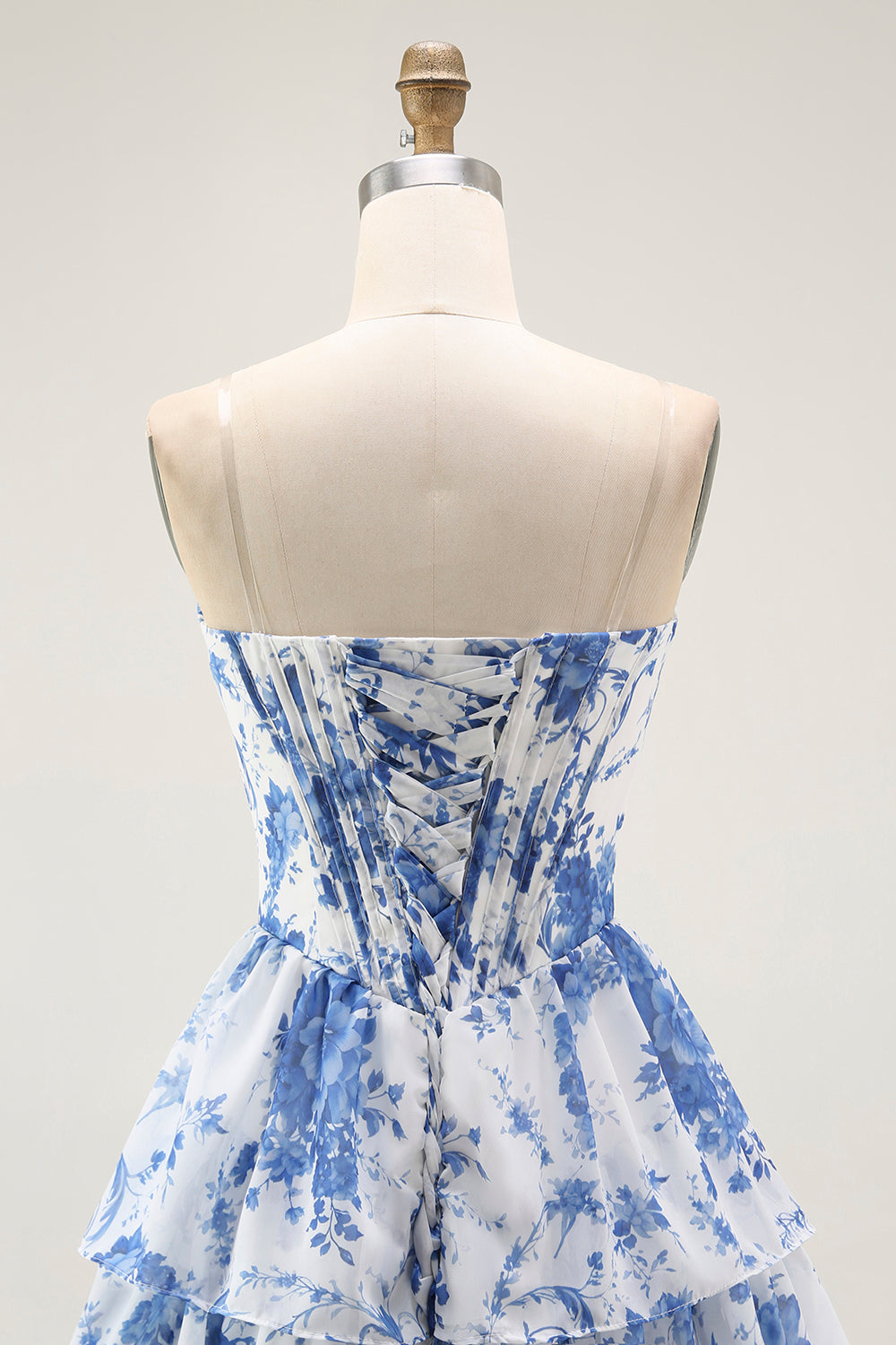 Floral White Blue A-Line Short Corset Homecoming Dress with Ruffles