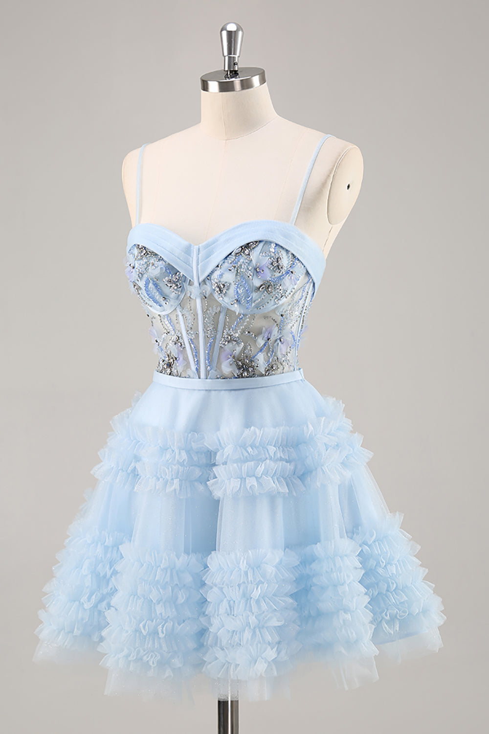 Floral Blue Corset Ruffled Short Homecoming Dress with Beading