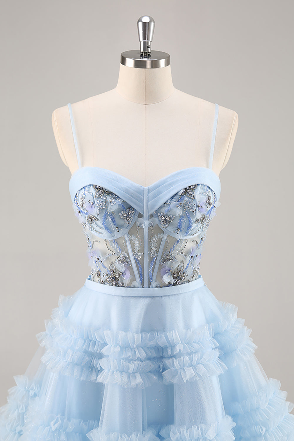 Floral Blue Corset Ruffled Short Homecoming Dress with Beading