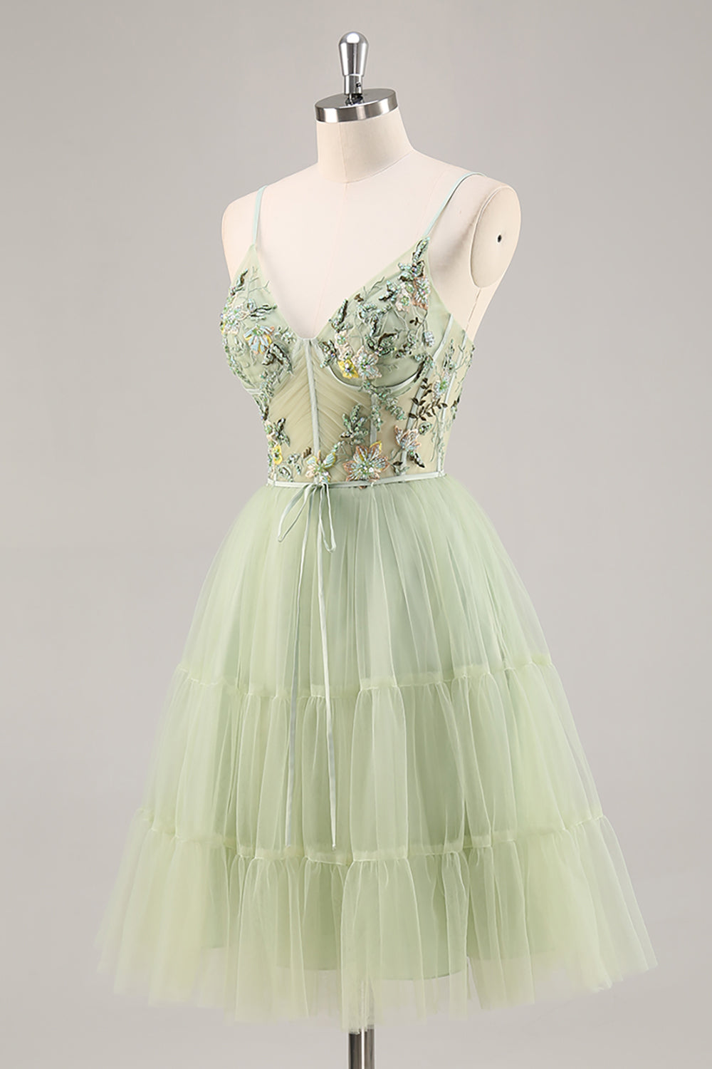Floral Green Corset Short Tulle Homecoming Dress with Appliques