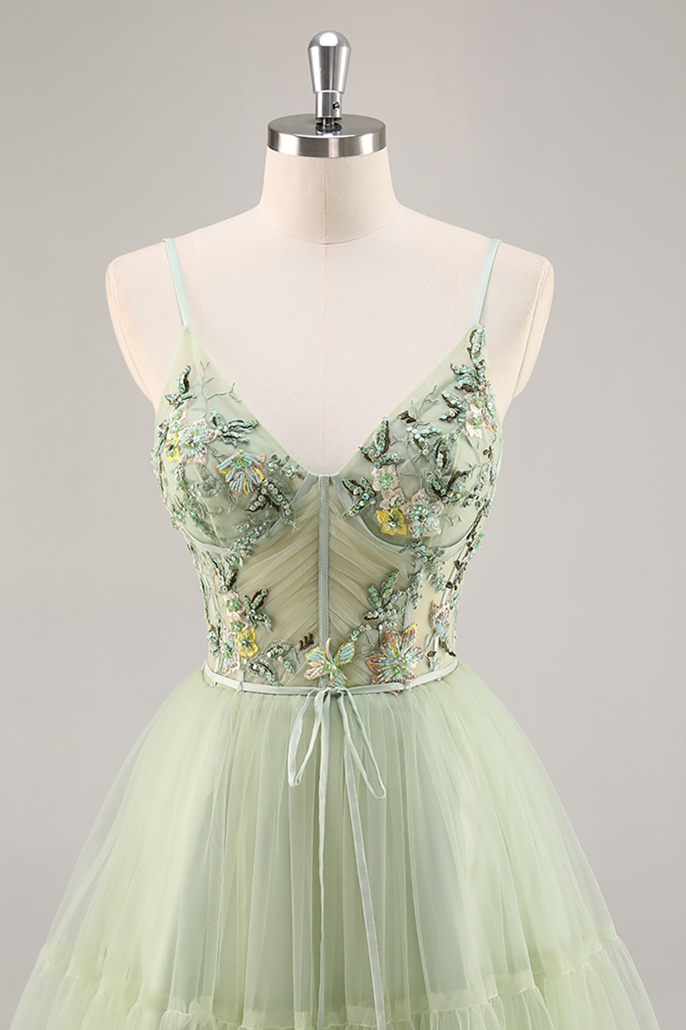 Floral Green Corset Short Tulle Homecoming Dress with Appliques