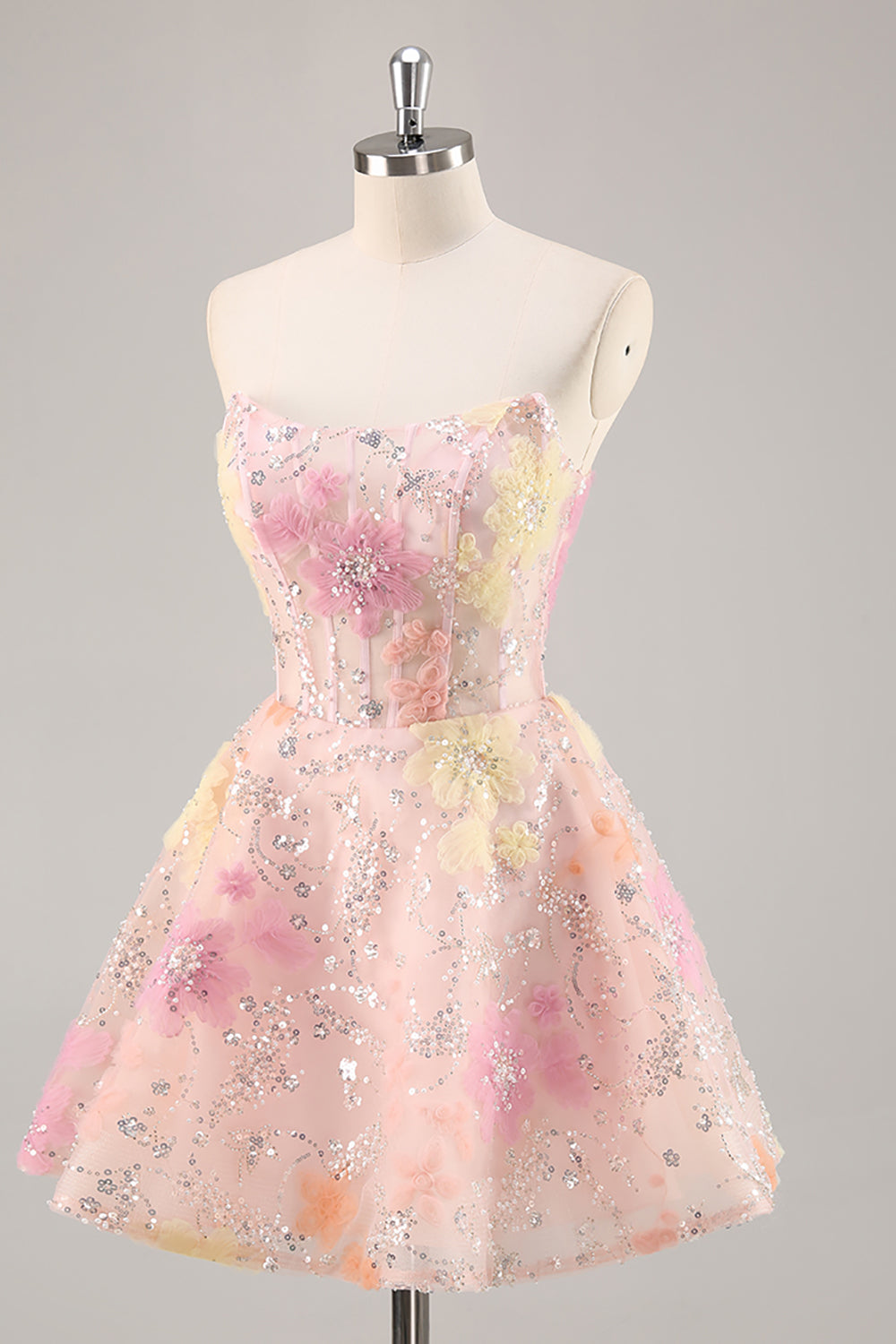 Floral Pink Corset A Line Strapless Short Homecoming Dress with Beading