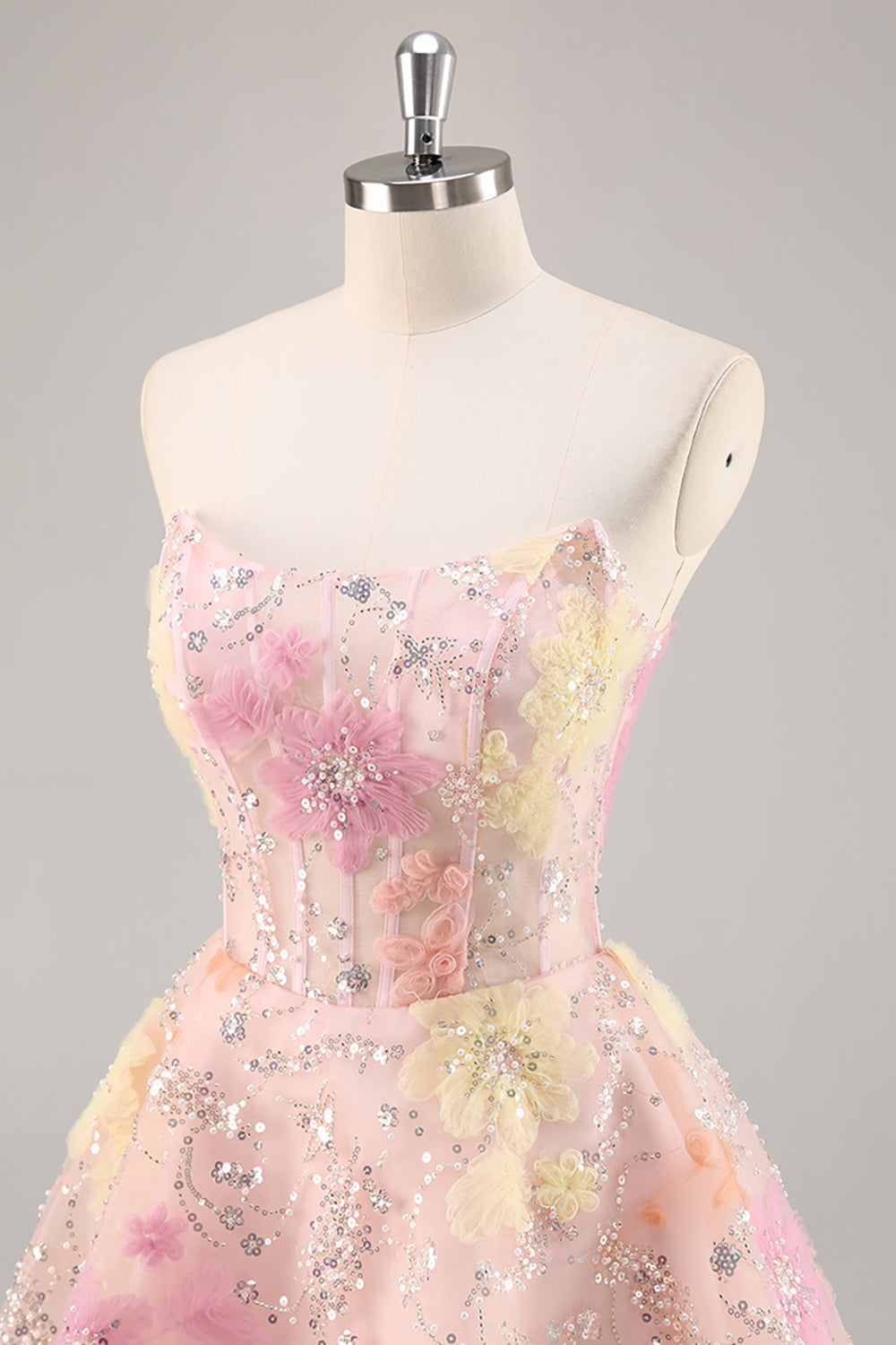 Floral Pink Corset A Line Strapless Short Homecoming Dress with Beading
