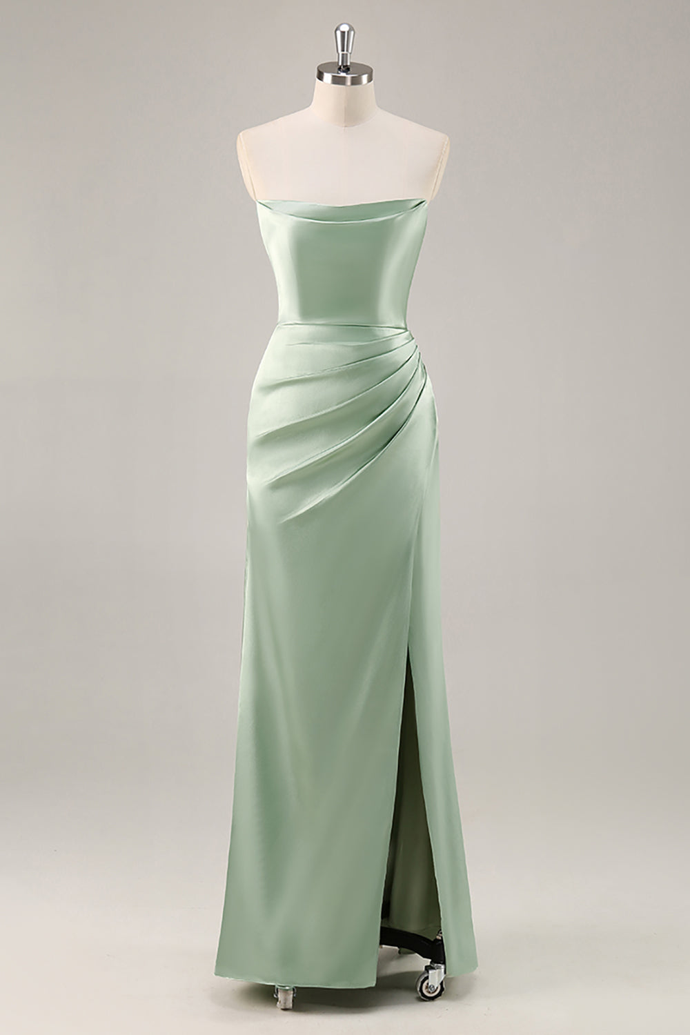 Sage Green Strapless Ruched Long Satin Wedding Guest Dress with Slit