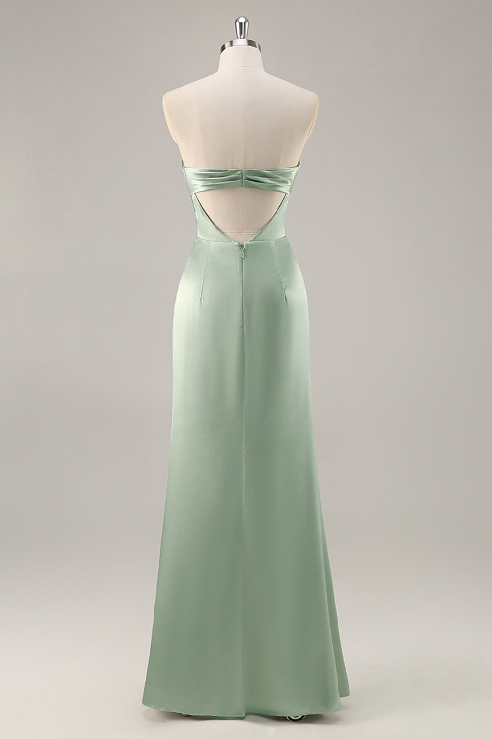 Sage Green Strapless Ruched Long Satin Wedding Guest Dress with Slit