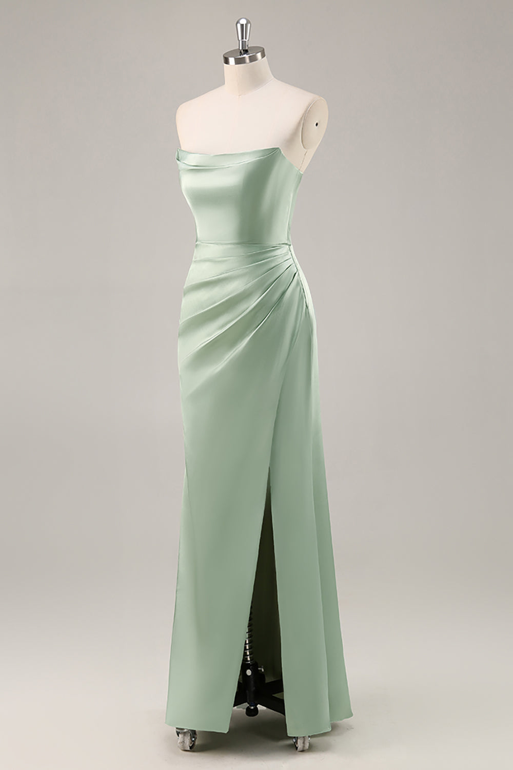 Sage Green Strapless Ruched Long Satin Wedding Guest Dress with Slit