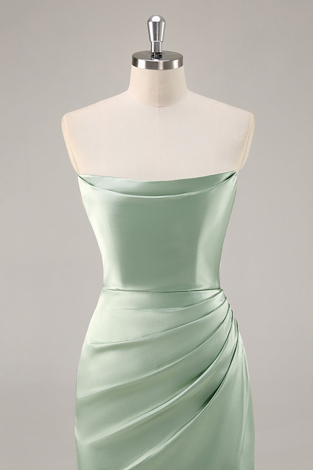 Sage Green Strapless Ruched Long Satin Wedding Guest Dress with Slit