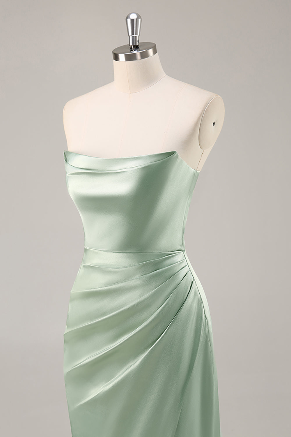 Sage Green Strapless Ruched Long Satin Wedding Guest Dress with Slit
