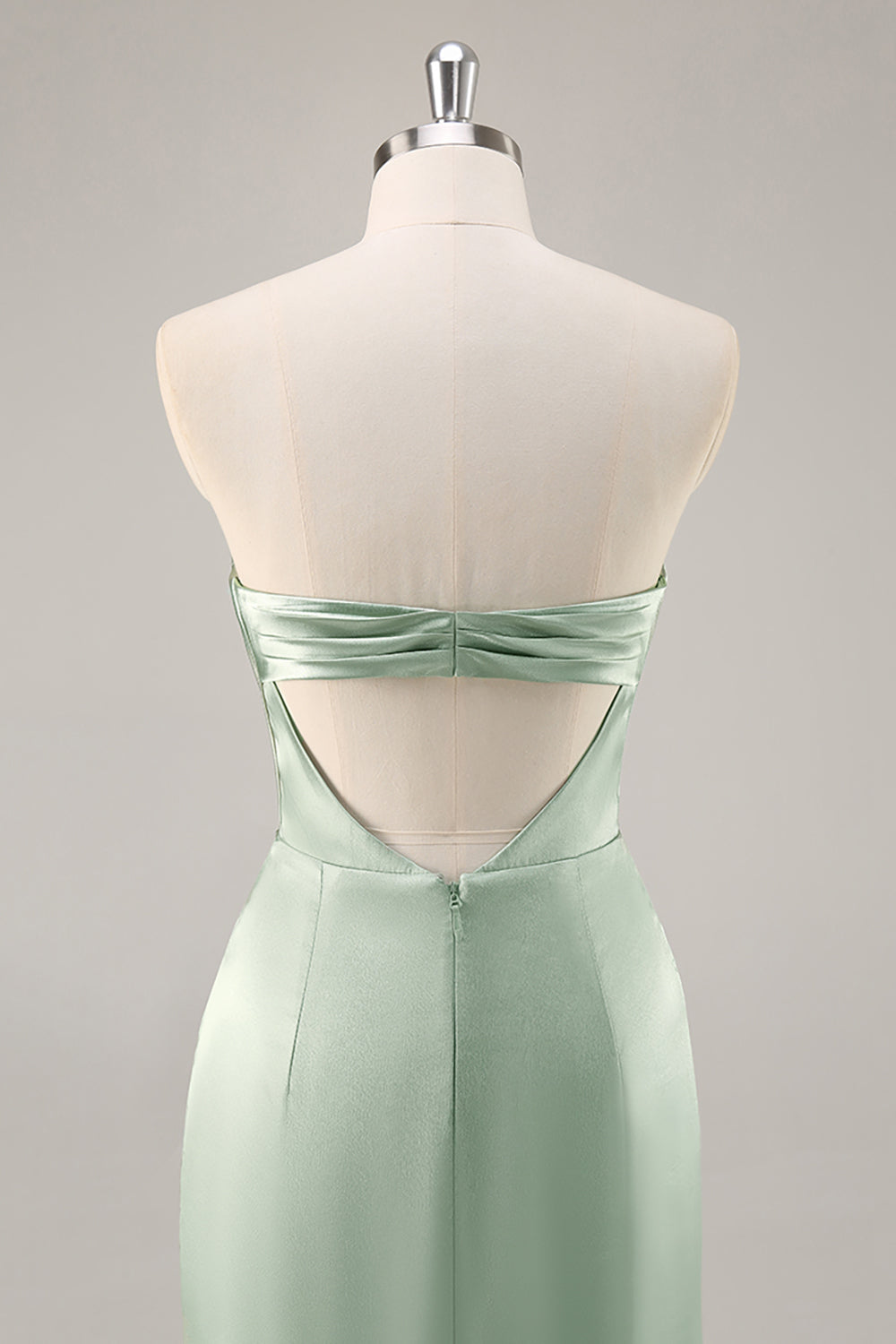 Sage Green Strapless Ruched Long Satin Wedding Guest Dress with Slit