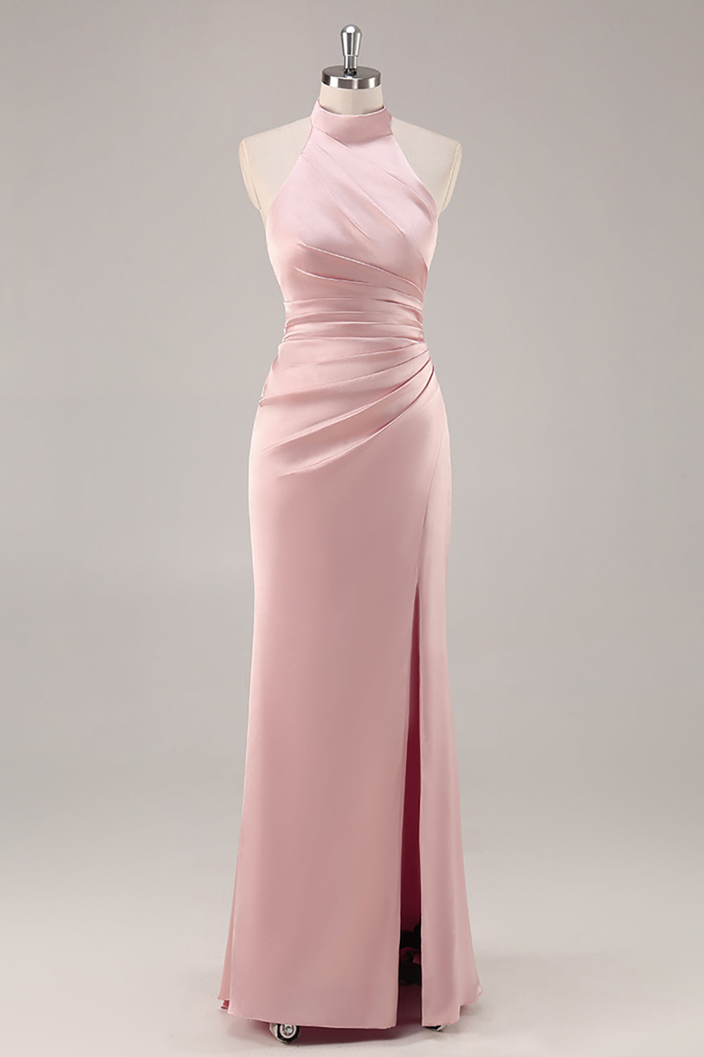 Blush Satin Mermaid Ruched Long Halter Wedding Guest Dress with Slit