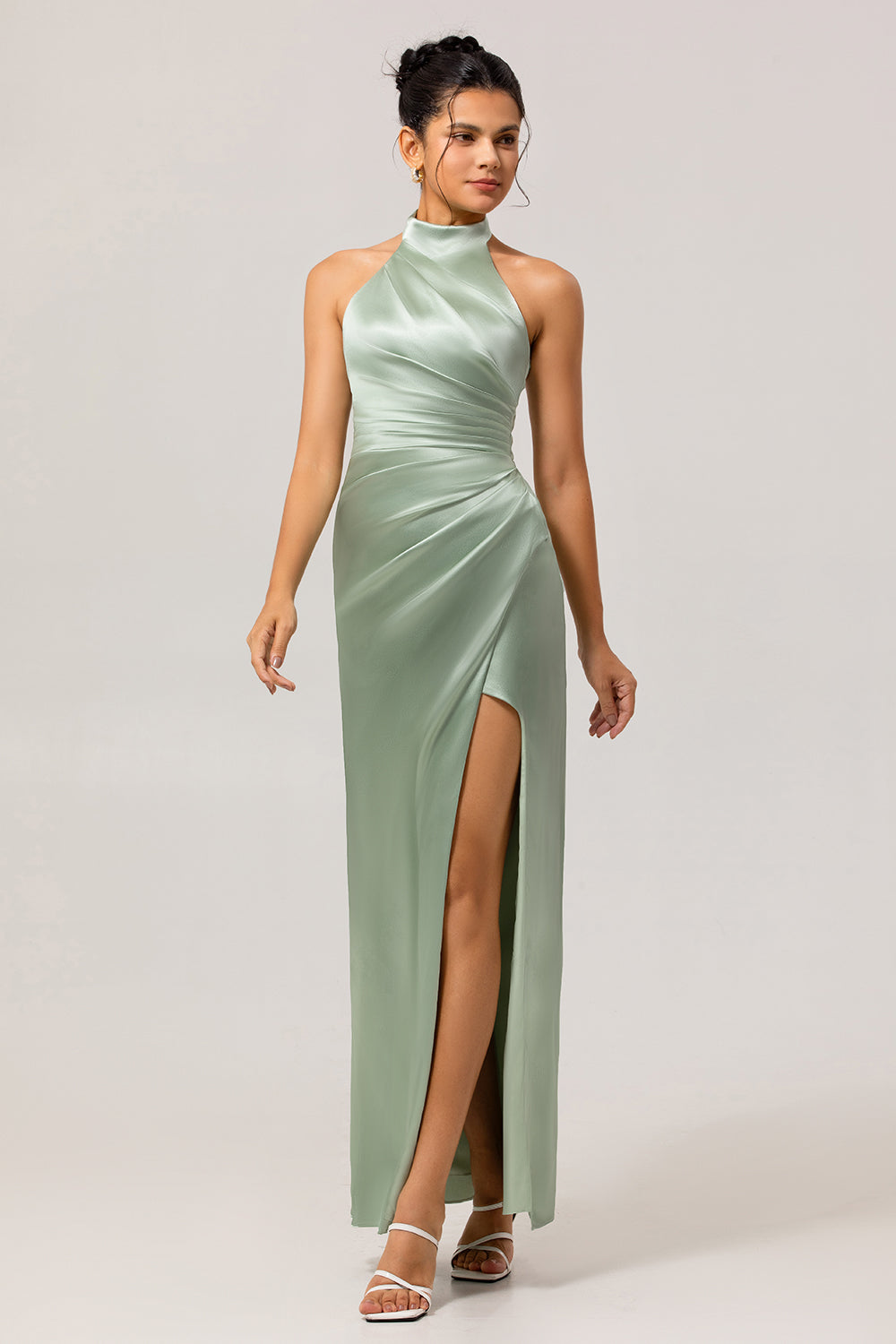 Sage Green Halter Top Sheath Satin Long Wedding Guest Dress with Slit