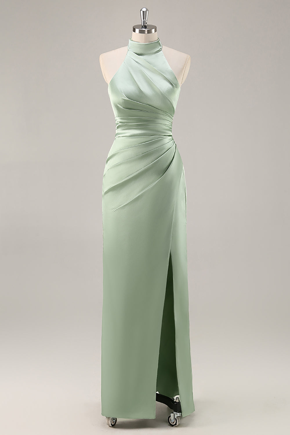 Sage Green Halter Mermaid Ruched Long Satin Wedding Guest Dress with Slit