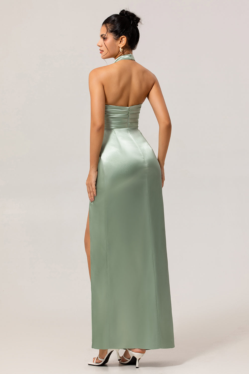 Sage Green Halter Top Sheath Satin Long Wedding Guest Dress with Slit