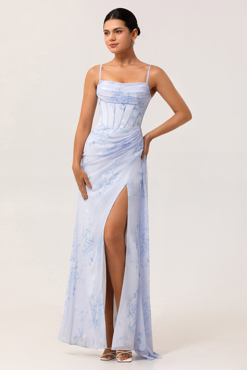 Floral Blue Corset Ruched Long Sheath Wedding Guest Dress with Slit