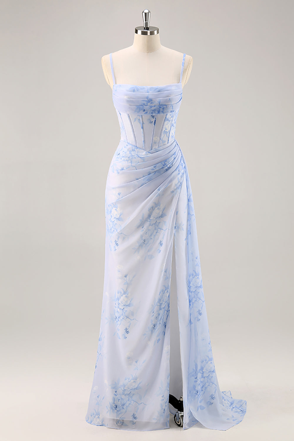 Floral Blue Ruched Long Corset Wedding Guest Dress with Slit