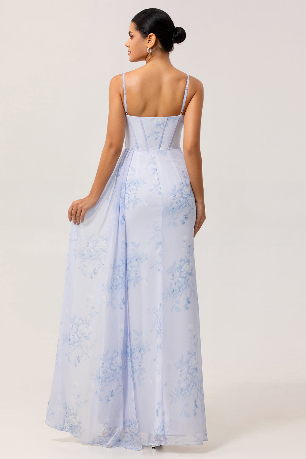Floral Blue Corset Ruched Long Sheath Wedding Guest Dress with Slit