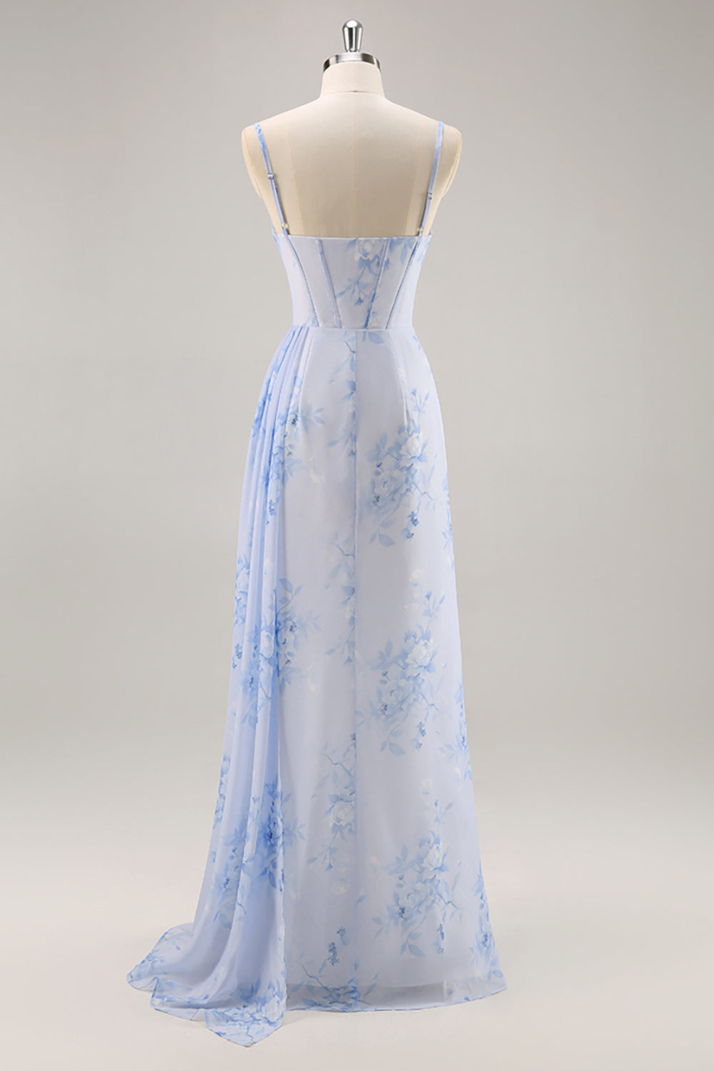 Floral Blue Corset Ruched Long Sheath Wedding Guest Dress with Slit