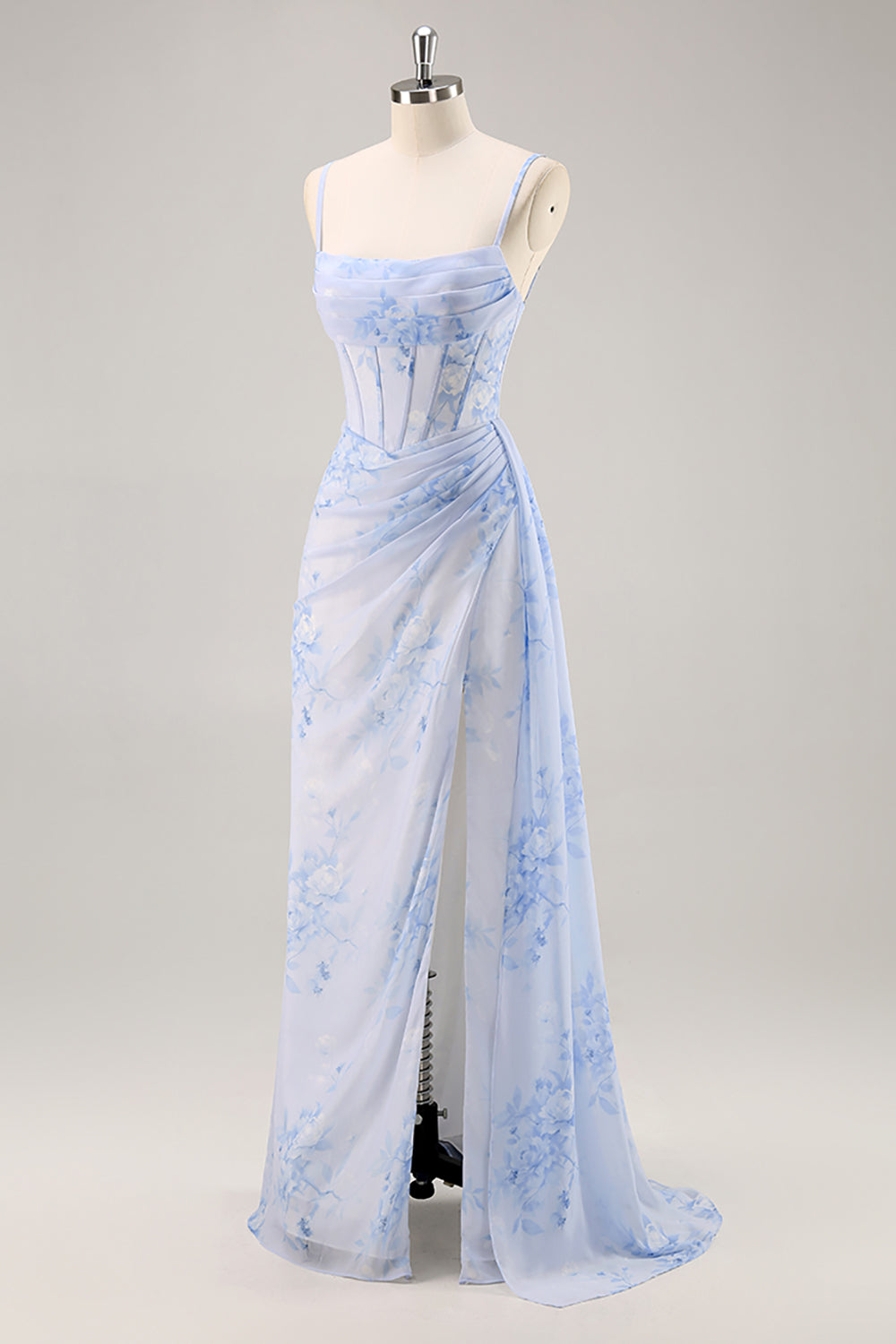 Floral Blue Ruched Long Corset Wedding Guest Dress with Slit