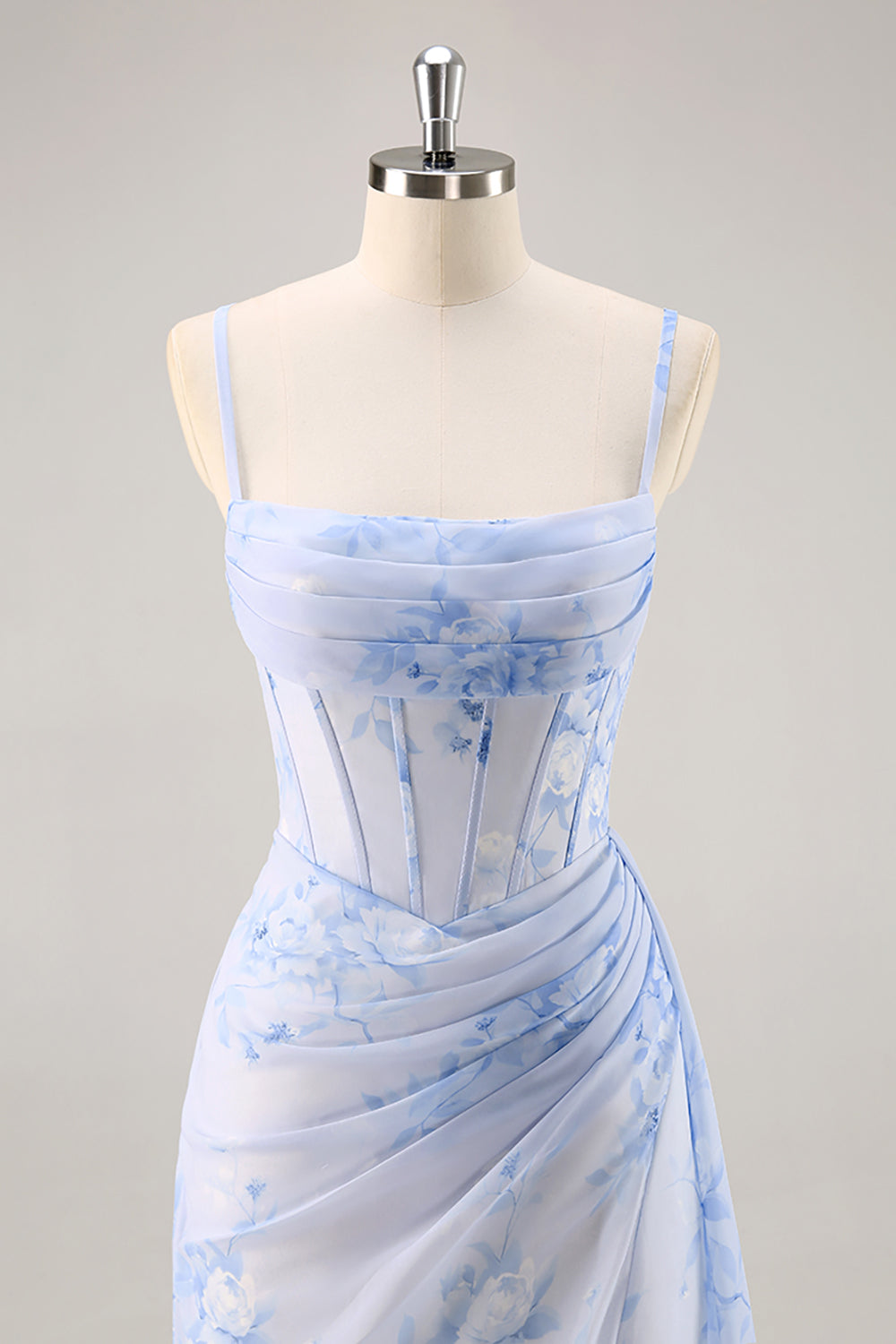 Floral Blue Ruched Long Corset Wedding Guest Dress with Slit