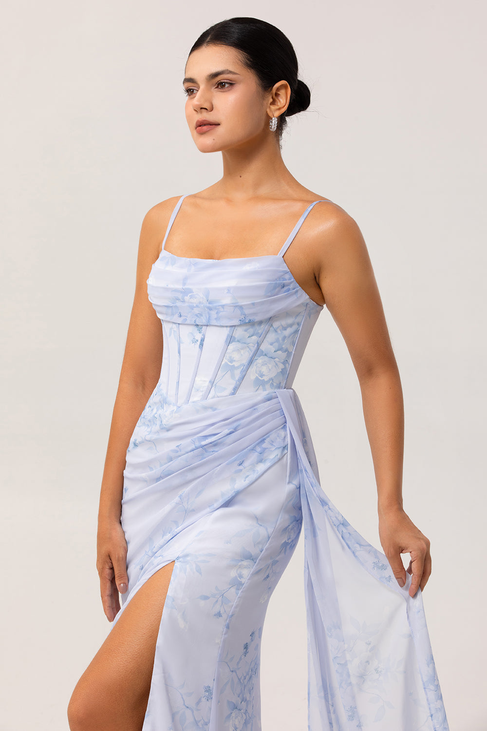 Floral Blue Corset Ruched Long Sheath Wedding Guest Dress with Slit