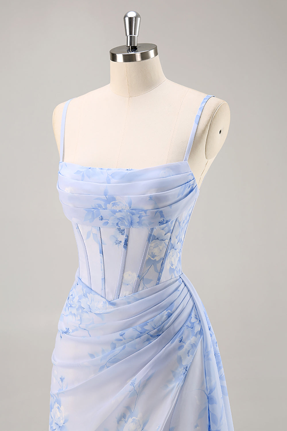 Floral Blue Ruched Long Corset Wedding Guest Dress with Slit