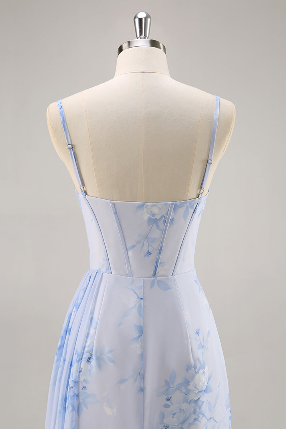 Floral Blue Ruched Long Corset Wedding Guest Dress with Slit