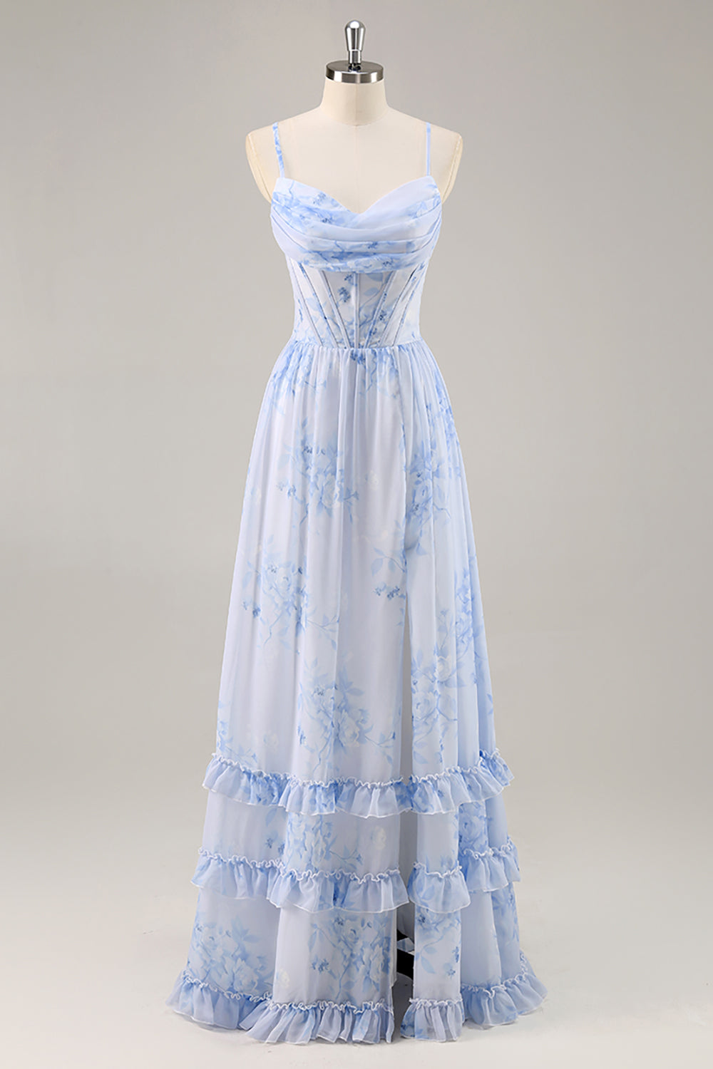 Floral Blue Ruffled Long Corset Wedding Guest Dress with Slit