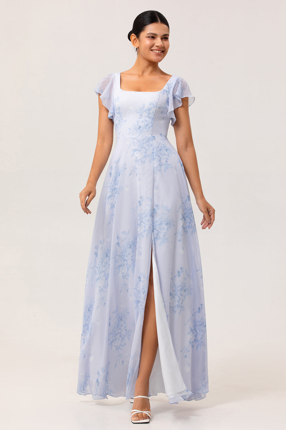 Floral Blue Chiffon Ruffled Scoop Maxi Wedding Guest Dress with Slit