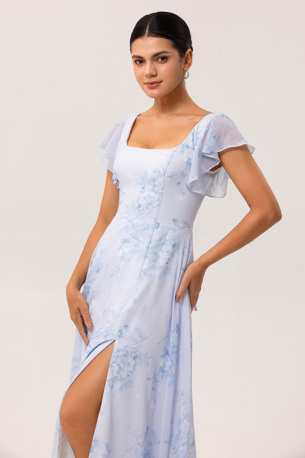 Floral Blue Chiffon Ruffled Scoop Maxi Wedding Guest Dress with Slit