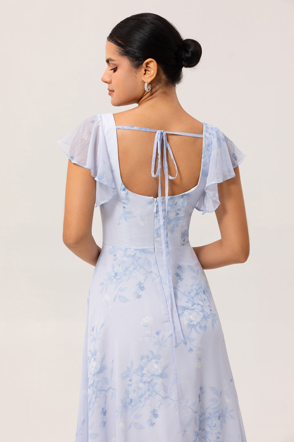 Floral Blue Chiffon Ruffled Scoop Maxi Wedding Guest Dress with Slit