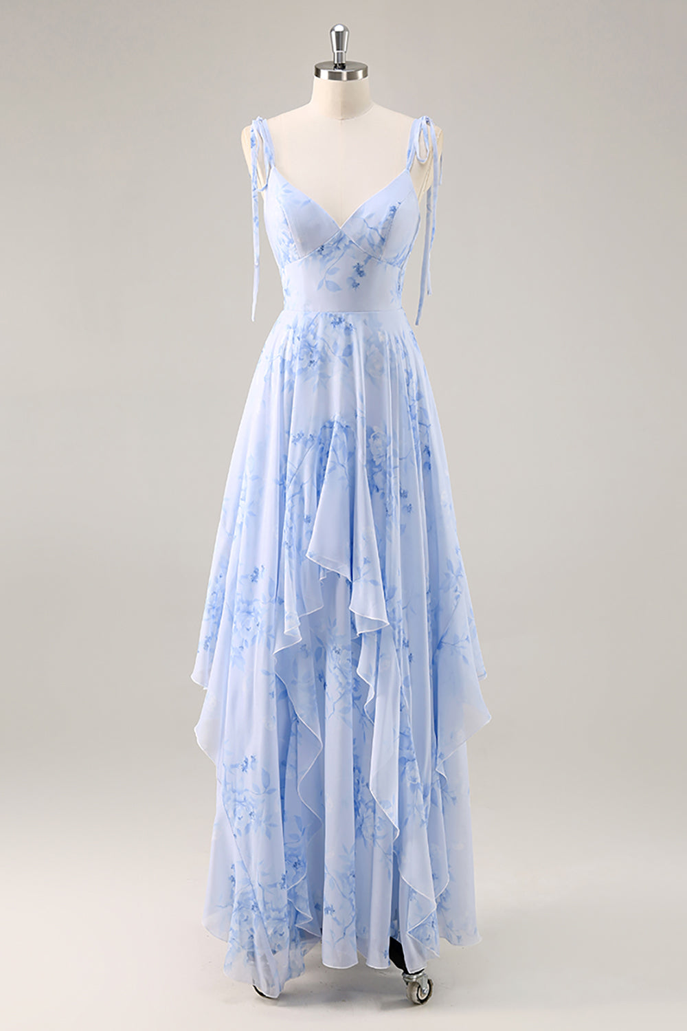 Floral Blue Chiffon Spaghetti Straps Long Wedding Guest Dress with Ruffles
