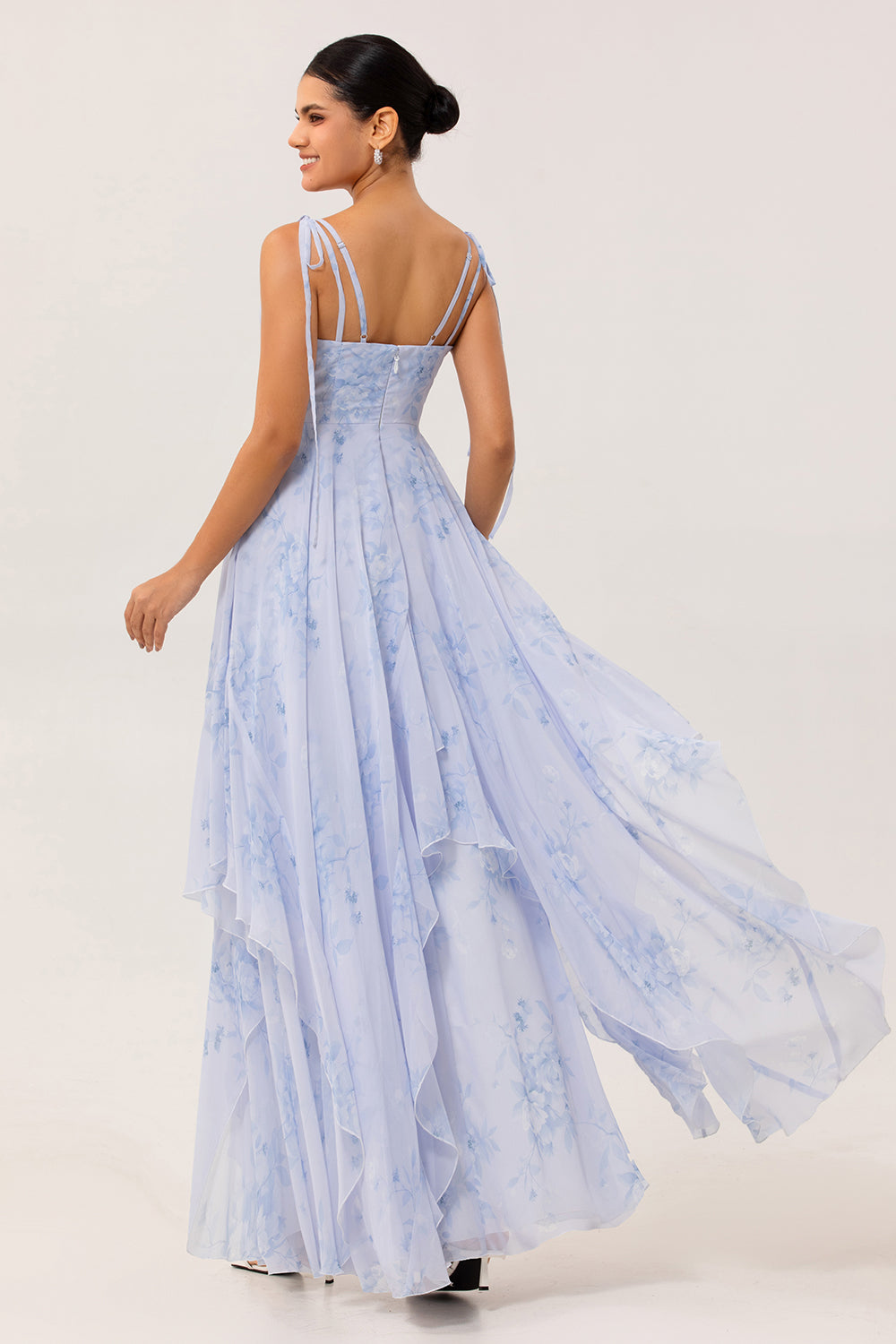 Floral Blue A Line Ruffled Spaghetti Straps Long Chiffon Wedding Guest Dress